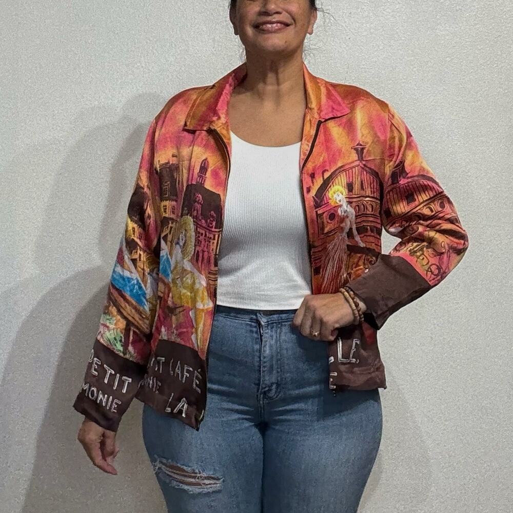 Mureli Orange 100% Silk Parisian Art To Wear Vintage Jacket Sz L
